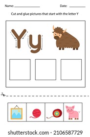 Cut and glue pictures that begin with the letter Y. Alphabet worksheet.