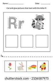 Cut and glue pictures that begin with the letter R.  Alphabet worksheet.