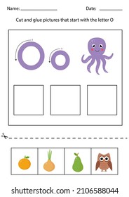 Cut and glue pictures that begin with the letter O. Alphabet worksheet.