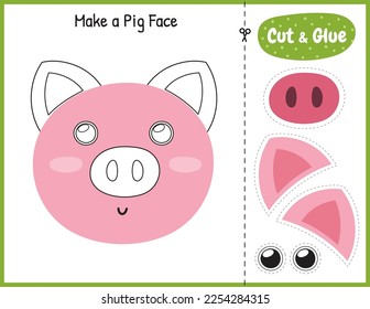 Cut and glue pig face parts game for kids. Educational activity page. Matching game with farm animal. Vector illustration