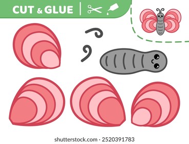 Corte e cole. Borboleta rosa. Aplicativo. Jogo de educação de papel. Desenho animado. Ilustração vetorial isolada eps 10