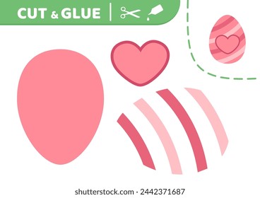 Cut and glue. Pink stripped Easter egg with big heart. Applique. Paper game. Cartoon. Isolated vector illustration eps 10