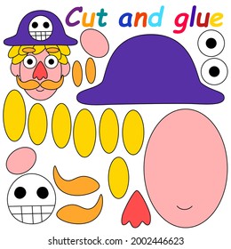 Cut and glue pirate - childish printable worksheet vector illustration. Make pirate with funny hat and mustache by pieces. Activity page for preschool and school kids