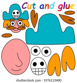 Cut and glue pirate stock vector illustration. Handmade cartoon character paper game for kids. Funny papercraft printable page for children - use scissors and glue to make the funny pirate captain