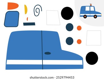 Cut and glue the police car. Children's educational puzzle game. Flat vector illustration