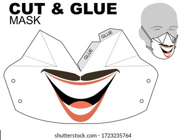 CUT AND GLUE Protection mask paper model. Homemade mask. DIY Papercraft. Self-manufacturing face mask. Smile and moustache