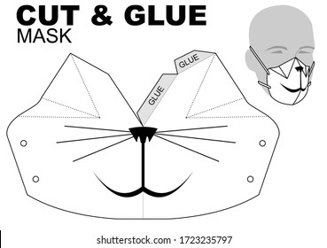 CUT AND GLUE Protection mask paper model. Homemade mask. DIY Papercraft. Self-manufacturing face mask. Cat mask.