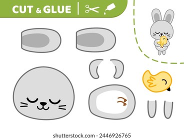 Cut and glue. Rabbit hugging chick. Applique. Paper game. Cartoon. Isolated vector illustration eps 10