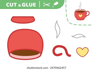 Cut and glue. Red cup with heart and smoke.  Applique. Red cup. Paper game. Cartoon, Isolated vector illustration eps 10