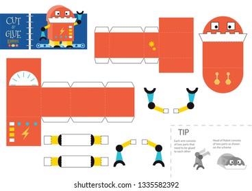 Cut and glue robot toy vector illustration, worksheet. Paper craft and diy riddle with funny cartoon robotic character for preschool kids. Cutout activity for children 