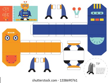 Cut and glue robot toy vector illustration, worksheet. Paper craft and diy riddle with cartoon robotic character for preschool kids. Cutout activity for children 