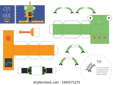 Cut and glue robot toy vector illustration, worksheet. Paper craft and small pieces model with funny robotic character for kindergarten kids. Cutting activity for children 