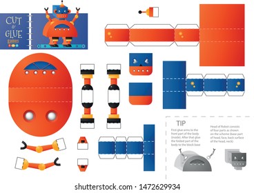 Cut and glue robot toy vector illustration. Paper craft and educational worksheet with funny robotic character for preschool kids. Cutout activity for children 