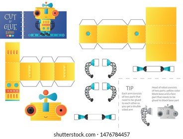 Cut and glue robot toy vector illustration, worksheet. Paper craft and diy riddle with funny cartoon robotic character for preschool kids. Cutout activity for children 