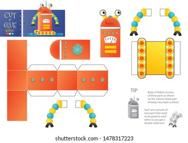 Cut and glue robot toy vector illustration, worksheet. Paper craft and small pieces riddle with funny robotic character for kindergarten kids. Cutting activity for children 