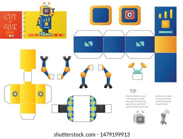 Cut and glue robot toy vector illustration, worksheet. Paper craft and diy riddle with funny cartoon robotic character for preschool kids. Cutout activity for children 