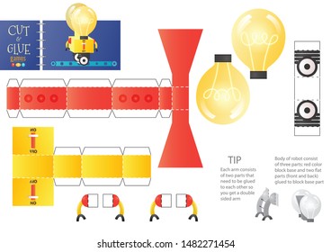 Cut and glue robot toy vector illustration, worksheet. Paper craft and diy model with lamp cartoon robotic character for preschool kids. Cutout activity for children 