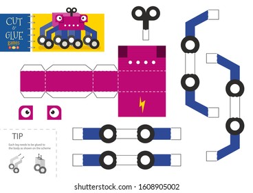 Cut and glue robot toy vector illustration, worksheet. Paper craft and diy model with cartoon robotic character for preschool kids. Cutout activity for children 