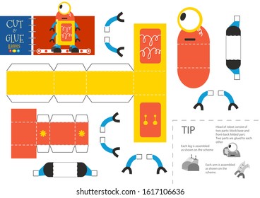 Cut and glue robot toy vector illustration, worksheet. Paper craft and diy riddle with one-eyed cartoon robotic character for preschool kids. Cutout activity or hobby for children