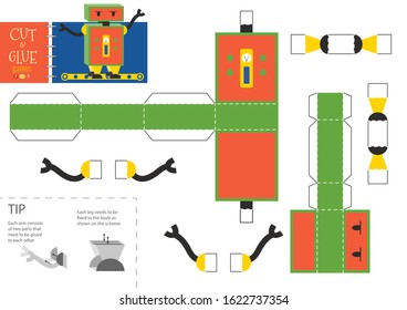 Cut and glue robot toy vector illustration, worksheet. Paper craft and small pieces riddle with funny robotic character for kindergarten kids. Modelling activity for children