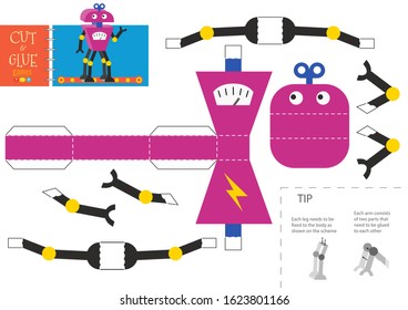 Cut and glue robot toy vector illustration, worksheet. Paper craft and diy model with bright cartoon robotic character for preschool kids. Cutout activity for little children