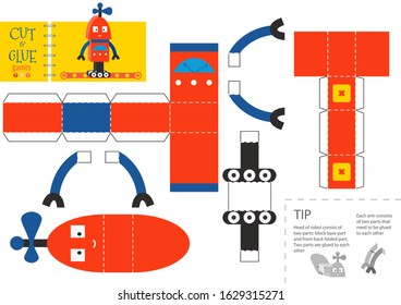 Cut and glue robot toy vector illustration, worksheet. Paper craft and diy model with propeller cartoon robotic character for preschool kids. Cutout activity for children