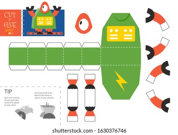 Cut and glue robot toy vector illustration, worksheet. Paper craft and small pieces riddle with robotic character for kindergarten kids. Cutting activity or hobby for children