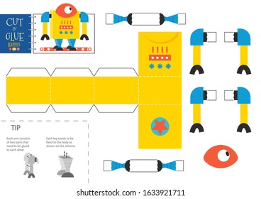 Cut and glue robot toy vector illustration. Paper craft and educational worksheet with funny yellow robotic character for preschool kids. Hobby or cutout activity for children