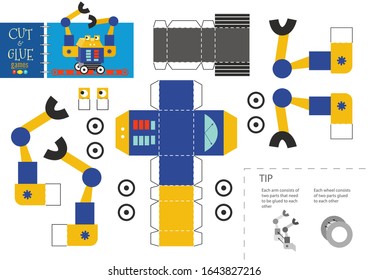 Cut and glue robot toy vector illustration, worksheet. Paper craft and diy model with big armed cartoon robotic character for preschool kids. Cutout activity for children