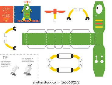 Cut and glue robot toy vector illustration, worksheet. Paper craft and small pieces riddle with one-eyed robotic character for kindergarten kids. Cutting activity or hobby for children