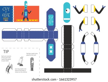 Cut and glue robot toy vector illustration, worksheet. Paper craft and small pieces hobby with funny robotic character for kindergarten kids. Modelling activity for children