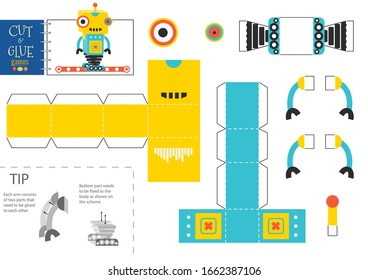 Cut and glue robot toy vector illustration, worksheet. Paper craft and small pieces riddle with robotic character for preschool kids. Cutting activity or hobby for children