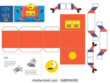 Cut and glue robot toy vector illustration, worksheet. Paper craft and diy model with cartoon robotic character for preschool kids. Cutout activity for children