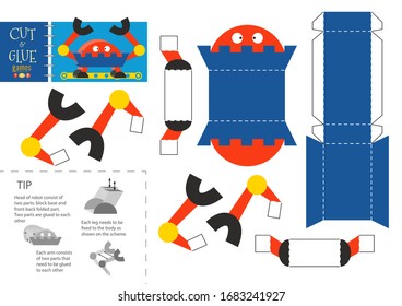 Cut and glue robot toy vector illustration, worksheet. Paper craft and small pieces riddle with robotic character for kindergarten kids. Cutting activity or hobby for children