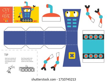 Cut and glue robot toy vector illustration, worksheet. Paper craft and small pieces riddle with funny robotic character for kindergarten kids. Modelling activity for children