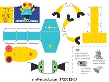 Cut and glue robot toy vector illustration, worksheet. Paper craft and diy model with robotic character for preschool kids. Cutout activity for children