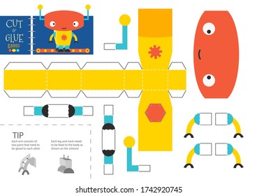 Dibujo vectorial de juguete robot de corte y pegado, hoja de cálculo. Artesanía de papel y modelo de bricolaje simple con caricatura robótica para niños preescolares. Actividad de corte para niños pequeños