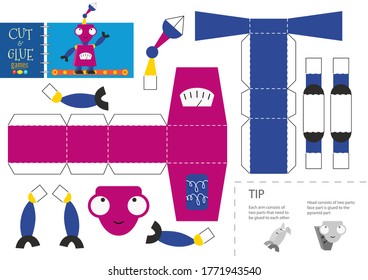 Dibujo vectorial de juguete robot de corte y pegado, hoja de cálculo. Artesanía de papel y modelo de bricolaje simple con caricatura robótica para niños preescolares. Actividad de corte para niños