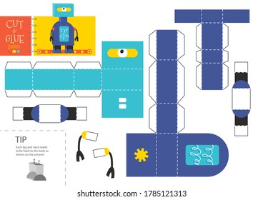 Dibujo vectorial de juguete robot de corte y pegado, hoja de cálculo. Artesanía de papel y modelo de bricolaje simple con caricatura robótica para niños preescolares. Actividad de corte para niños