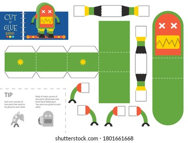 Cut and glue robot toy vector illustration, worksheet. Paper craft and simple diy riddle with one-eyed cartoon robotic character for preschool kids. Cutout activity or hobby for children