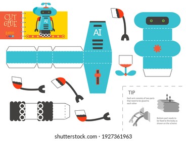 Cut and glue robot toy vector illustration, worksheet. Paper craft and small pieces riddle with funny robotic character for kindergarten kids. Cutting activity for children