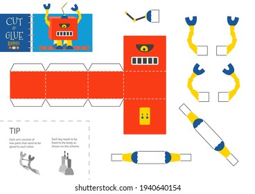 Cut and glue robot toy vector illustration, worksheet. Paper craft and diy model with big eye cartoon robotic character for preschool kids. Cutout activity for children