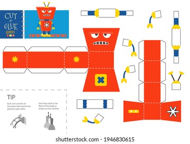 Cut and glue robot toy vector illustration, worksheet. Paper craft and small pieces riddle with funny robotic character for kindergarten kids. Cutting activity for children