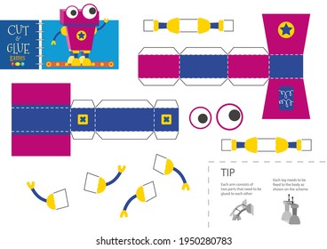 Cut and glue robot toy vector illustration. Paper craft and educational worksheet with funny robotic character for preschool kids. Cutout activity for children
