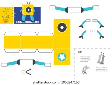 Cut and glue robot toy vector illustration. Paper craft and diy riddle with funny robotic character for preschool kids. Simple cutout activity for children
