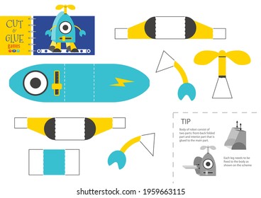 Cut and glue robot toy vector illustration, worksheet. Paper craft and diy model with propeller cartoon robotic character for preschool kids. Cutout activity for children