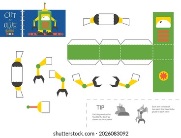 Cut and glue robot toy vector illustration, worksheet. Paper craft and diy riddle with funny cartoon robotic character for preschool kids. Cutout activity for children