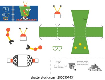 Cut and glue robot toy vector illustration, worksheet. Paper craft and small pieces riddle with funny robotic character for kindergarten kids. Cutting activity for children
