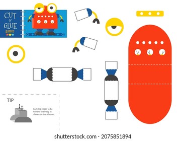 Cut and glue robot toy vector illustration, worksheet. Paper craft and diy model with propeller cartoon robotic character for preschool kids. Cutout activity for children