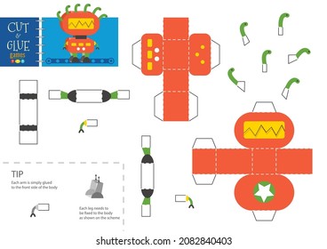 Cut and glue robot toy vector illustration. Paper craft and diy riddle with funny robotic character for preschool kids. Simple cutout activity for children